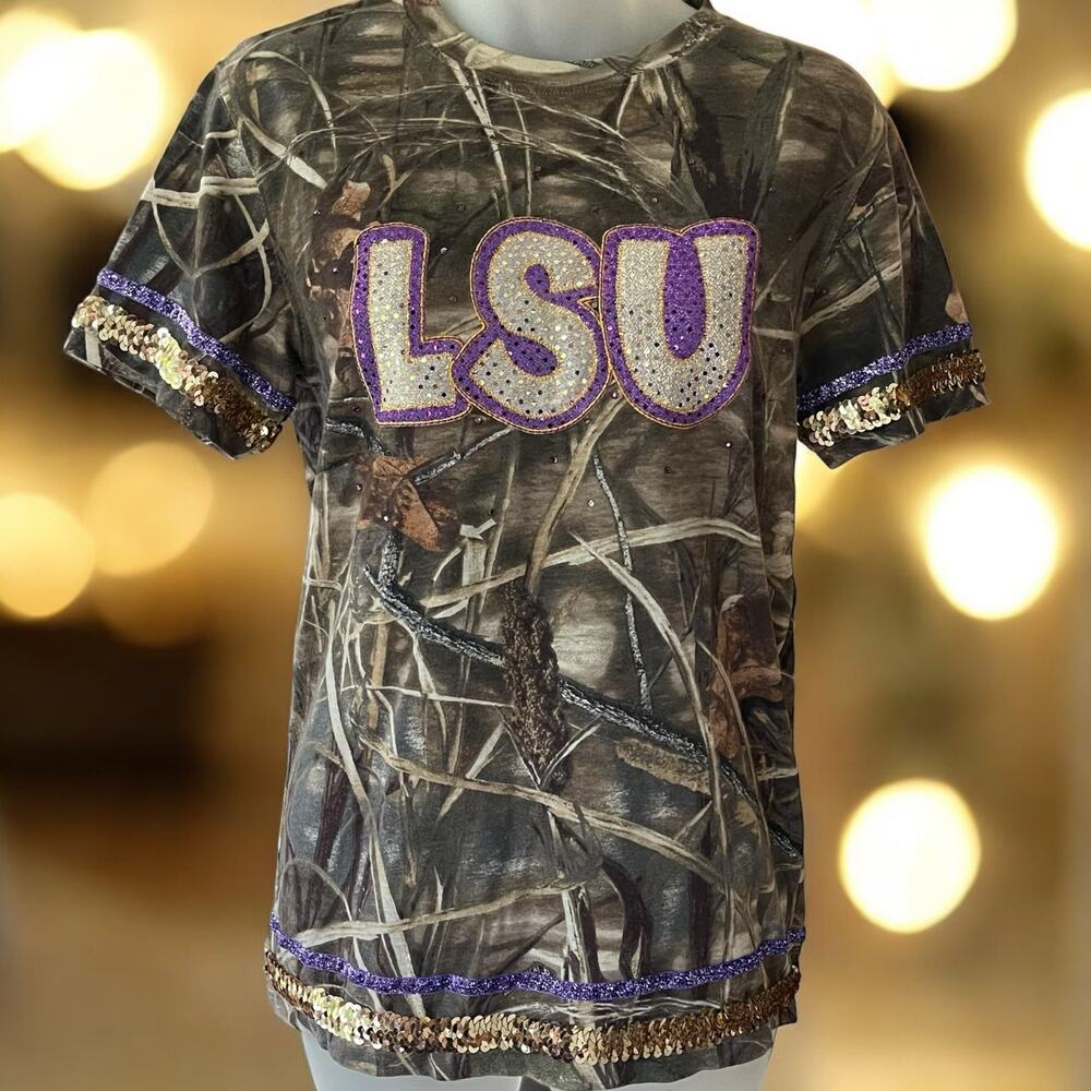LSU GAME WINNER Women's Top Camouflage Purple And Gold Sequence Sports Size XL